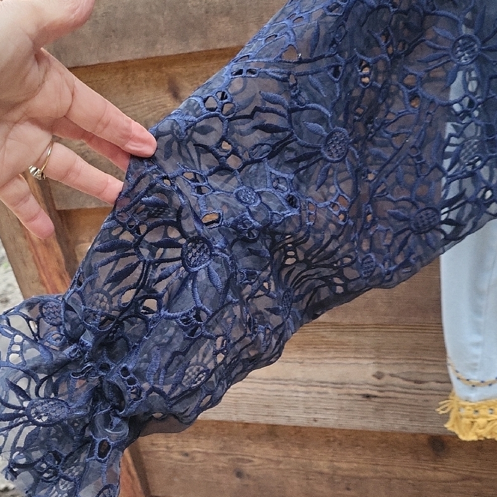 Embroidered Denim Jacket with Navy Lace Sleeves - Picture 4 of 6